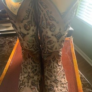 Corral Womens Bone/Multi Inlay Boots. Inlay Embellished with studs.